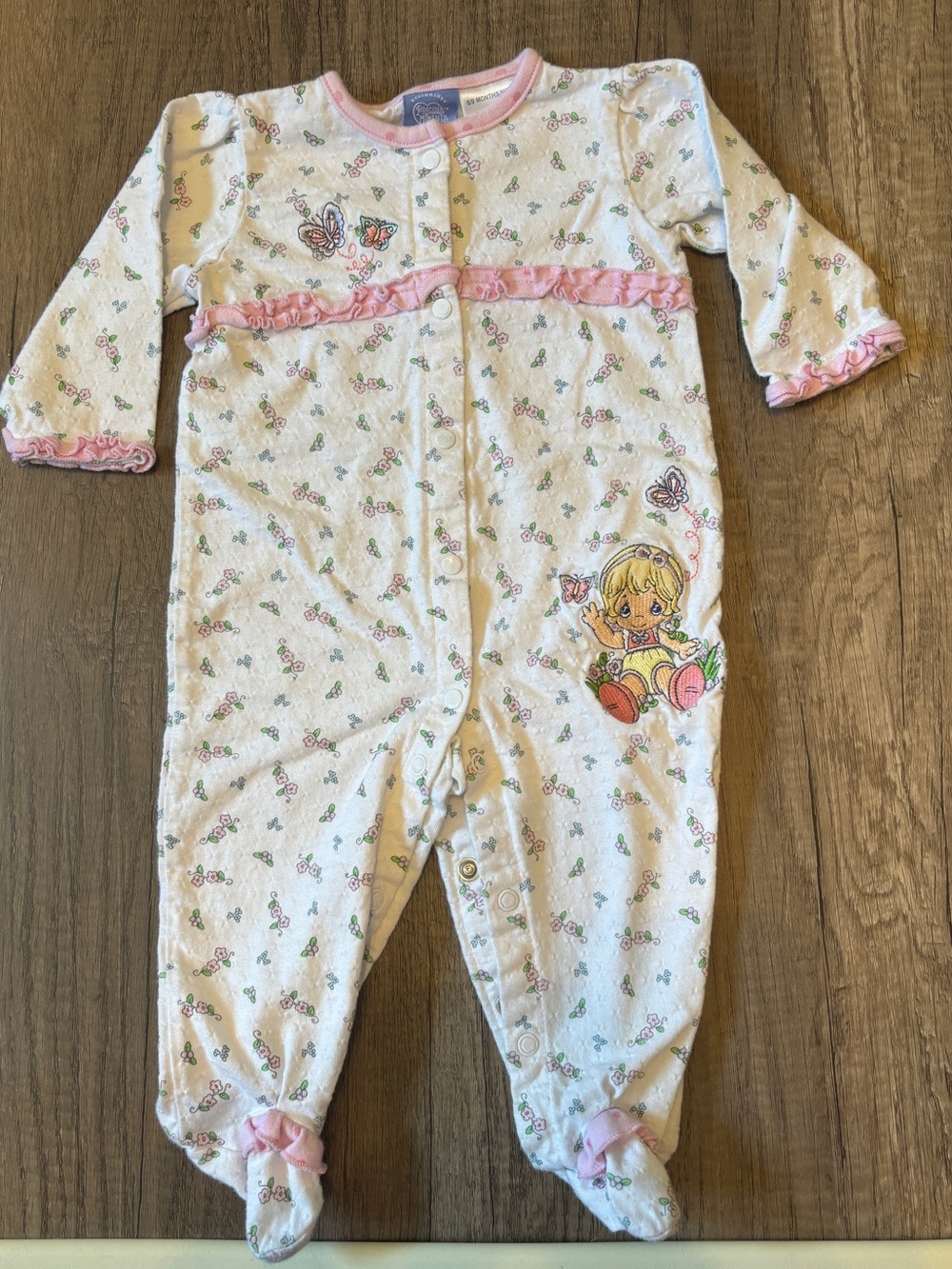 Vintage 2000s Y2K Precious Moments Baby Clothes Sleeper Footie Floral Butterfly